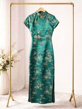 Handmade Teal Brocade Cheongsam Dress | Size 6 | 52” L | Mandarin Collar Formal